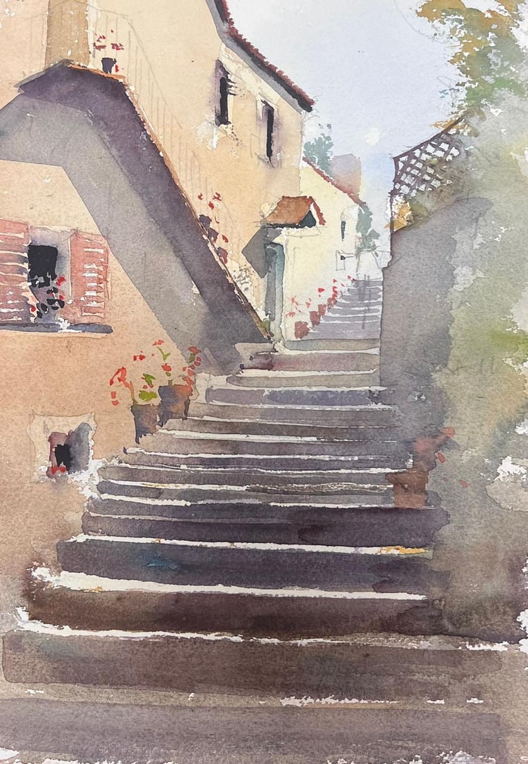 Village Stone Steps Watercolor: Original watercolor on artists paper by Anthony Avery depicting village stone steps and sunlit houses. Unframed. From a large collection of the artists work held in England. The work shows Averys loos