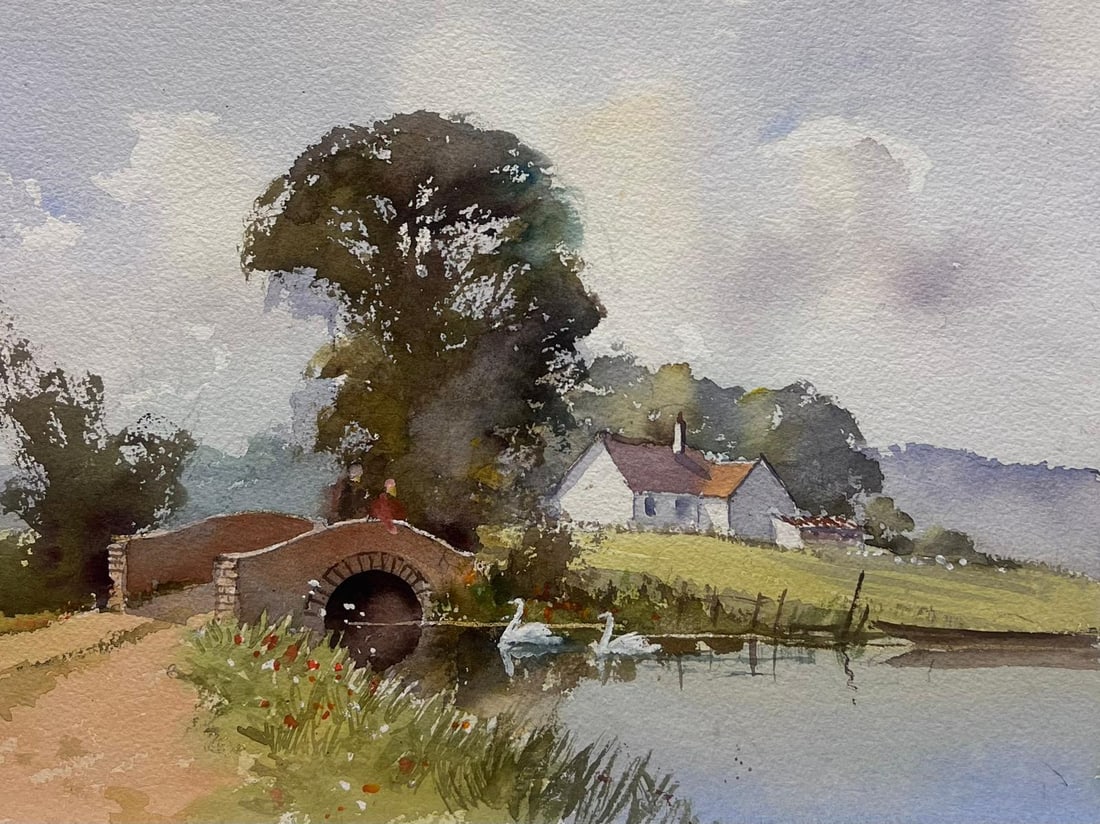 Swans Old English River Landscape Watercolor: Original watercolor on artists paper by Anthony Avery depicting swans on an old English river landscape. Unframed. From a large collection of the artists work held in England. The work shows Averys lo