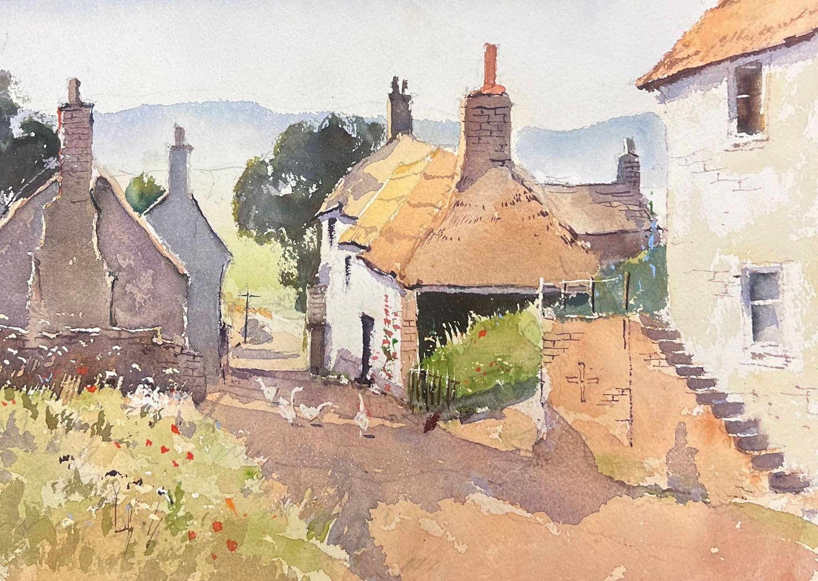 Ducks in Garden Courtyard Watercolor: Original watercolor on artists paper by Anthony Avery depicting ducks in a garden courtyard. Unframed. From a large collection of the artists work held in England. The work shows Averys loose Impressi
