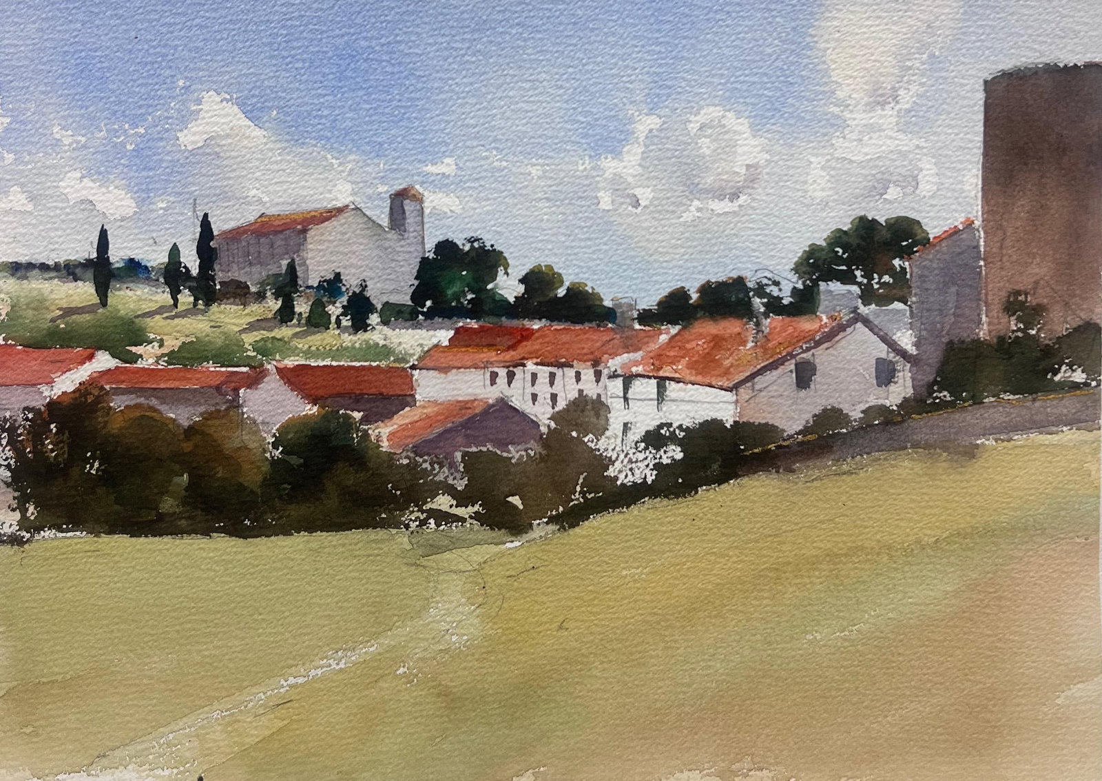 Tuscan Landscape Old Houses Trees Watercolor (1 of 6)