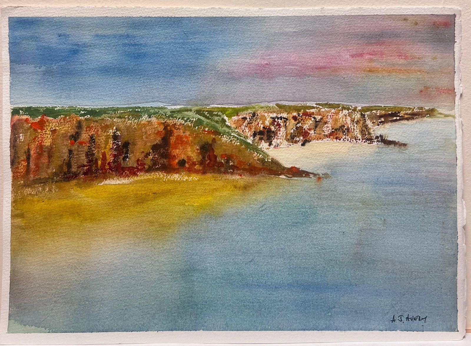 Coastal Landscape Sea Cliffs Watercolor: Original watercolor on artists paper by Anthony Avery depicting a coastal landscape with sea and cliffs. Unframed. From a large collection of the artists work held in England. The work shows Averys lo