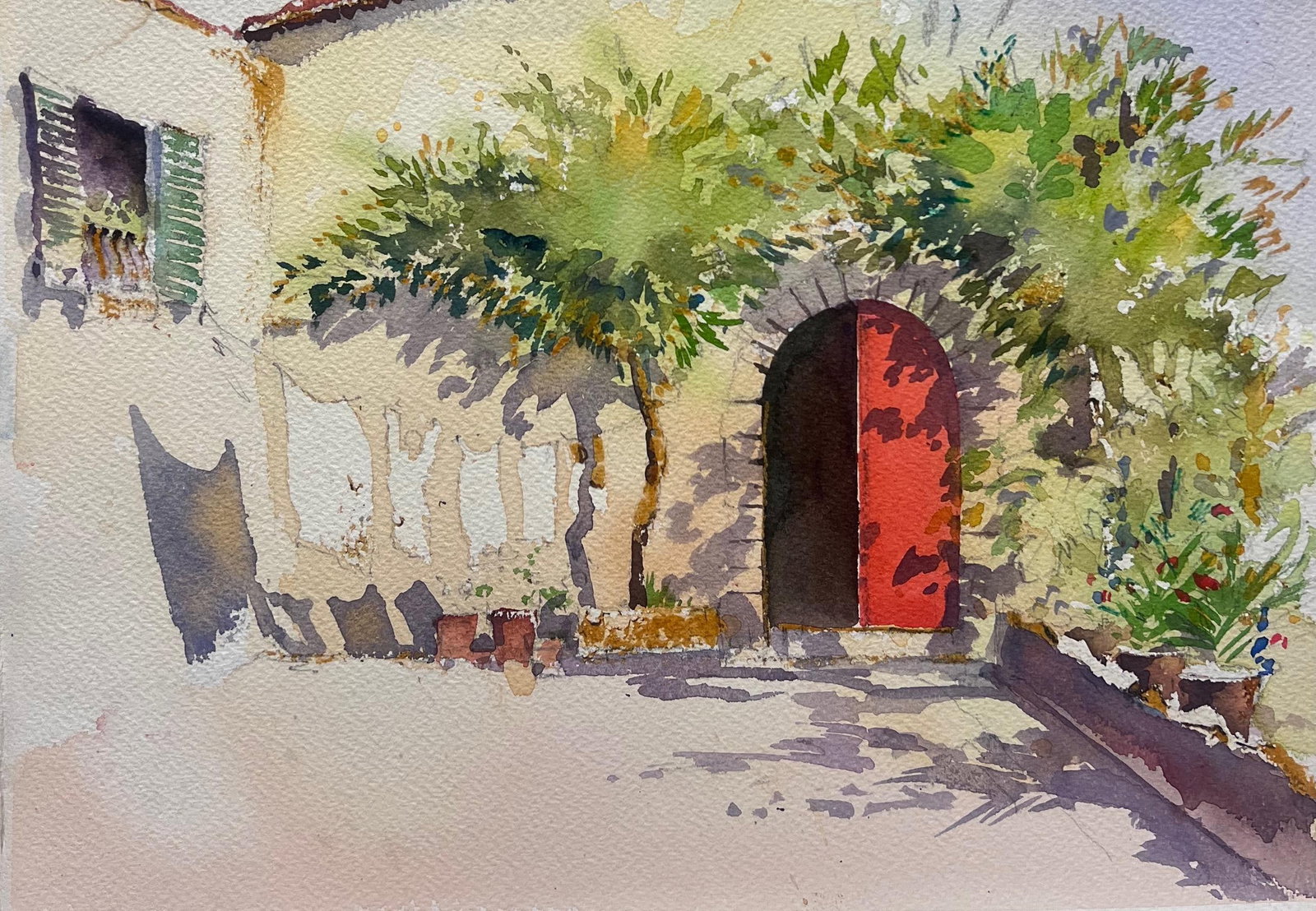 Red Door Summer Courtyard Watercolor: Original watercolor on artists paper by Anthony Avery depicting a red door in a summer courtyard. Unframed. From a large collection of the artists work held in England. The work shows Averys loose Imp