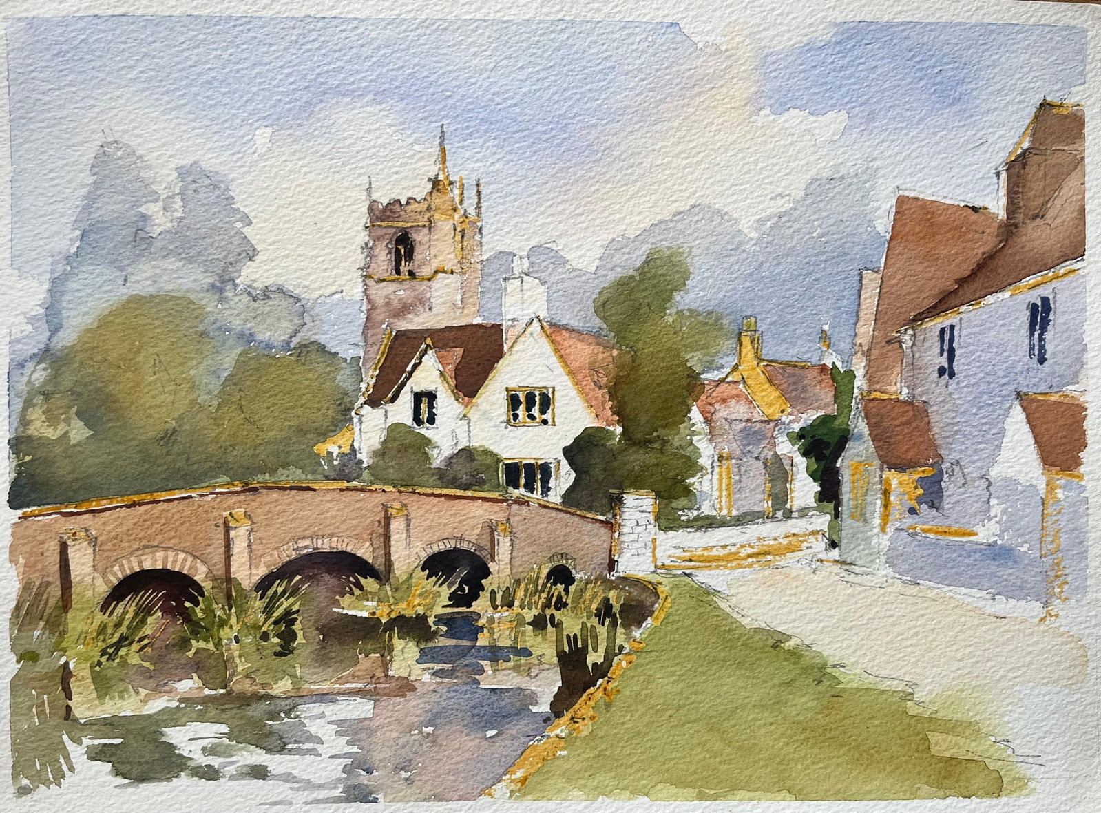 British Watercolor Village Church Bridge Landscape (1 of 8)