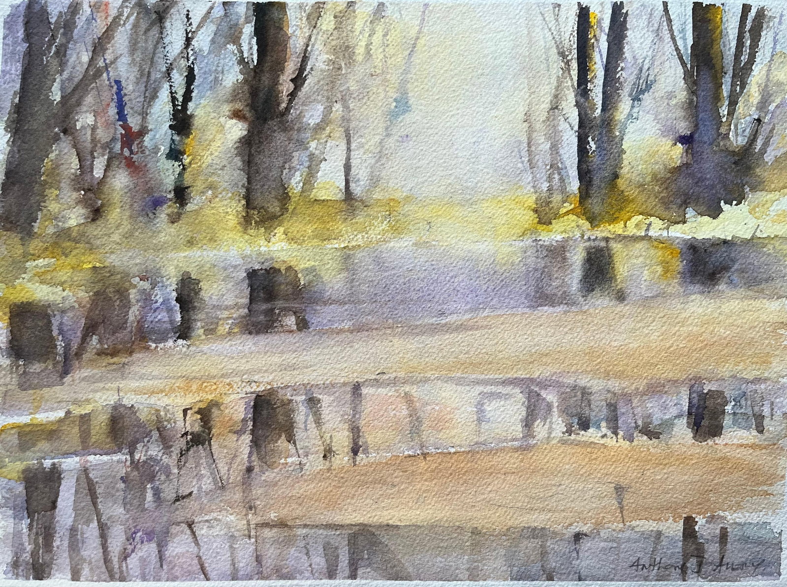 British Watercolor Misty Woodland Lake Reflections: Original watercolor on artists paper by Anthony Avery depicting a misty woodland landscape with lake reflections. The work has a calm atmospheric quality, with loose Impressionist brushwork and soft n
