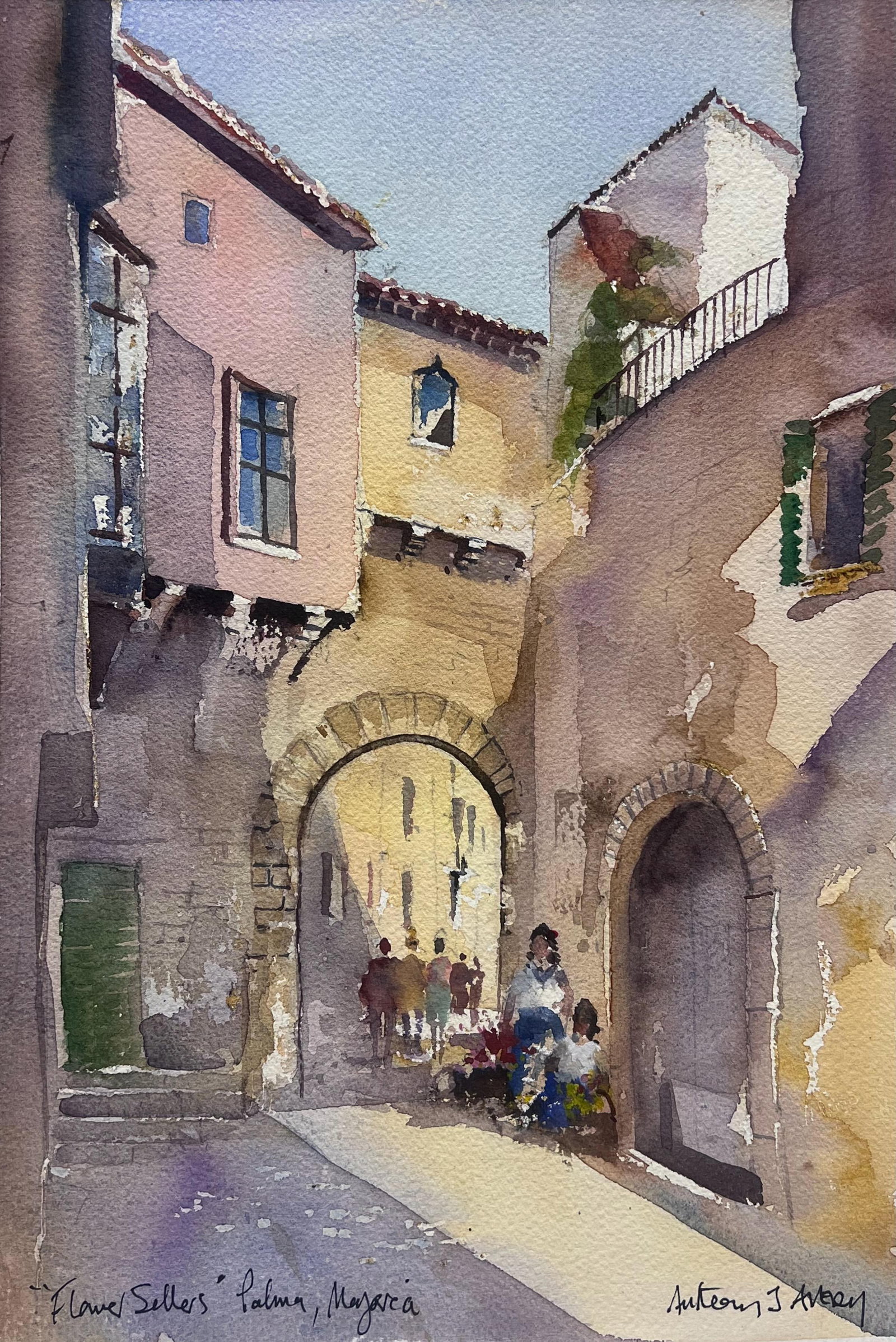 British Watercolor Flower Sellers Palma Majorca: Original watercolor on artists paper by Anthony Avery depicting flower sellers in Palma Majorca. This lively Impressionist composition combines figures, architecture and colour to evoke a Mediterranea
