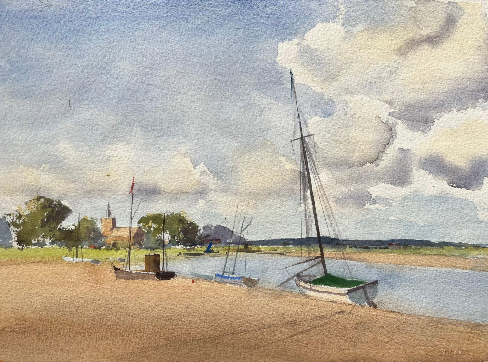 British Watercolor Coastal Boats Church Landscape: Original watercolor on artists paper by Anthony Avery depicting a coastal landscape with boats and a church. The scene has a bright atmospheric quality, combining shoreline detail with architectural i