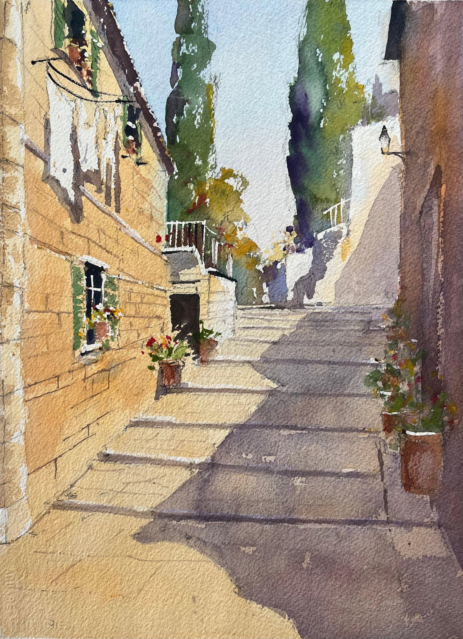 British Watercolor Sunlit Stone Alleyway Cypress Trees: Original watercolor on artists paper by Anthony Avery depicting a sunlit stone alleyway with cypress trees. The composition has strong Mediterranean character, combining architectural texture, warm li