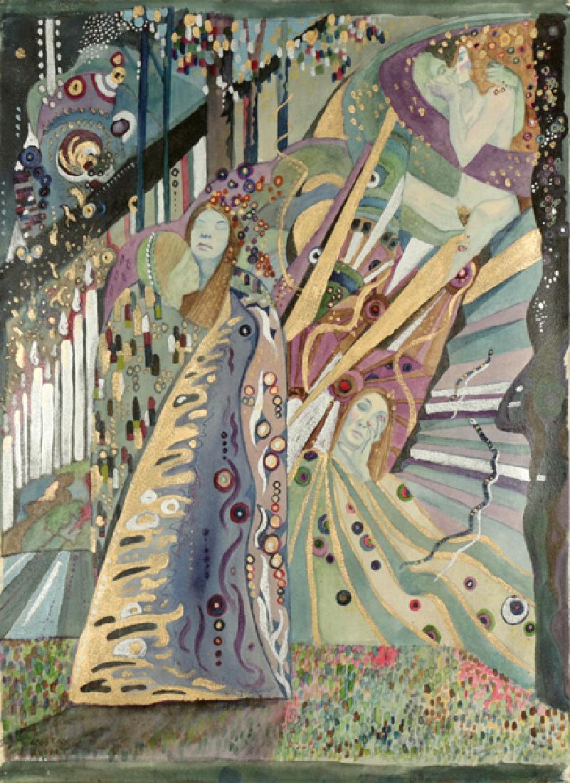 GUSTAV KLIMT (MANNER OF) AUSTRIAN/GERMAN 1862-1918: Alegorias del amor, gouache and drypoint , 151/2 x 21 1/8 (39.4 x 53.7 cm), signed lower left, PROVENANCE: Bill of sale verso dated 9/3/84, notation and title verso, PROVENANCE: From the estate of Art