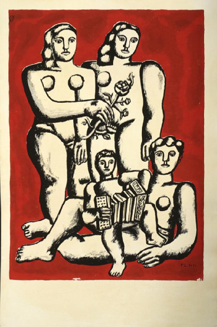 FERNAND LEGER FRENCH/AMERICAN: Les Trois Soeurs et Enfant au L'Accordeon, mixed media lithograph, 22 x 14 7/8 in (55.8 x 37.7 cm), plate signed lower right, dated 1950-1951, artist stamp upper right