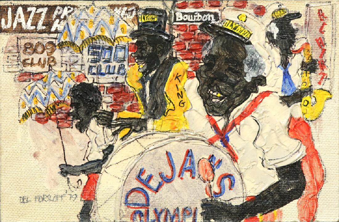 DEL FORSLOFF AMERICAN B.1935: Bourbon Street Marching Band, oil on canvas on board, 12 x 7 3/4 in (30.4 x 19.6 cm), signed lower left, dated 1979
