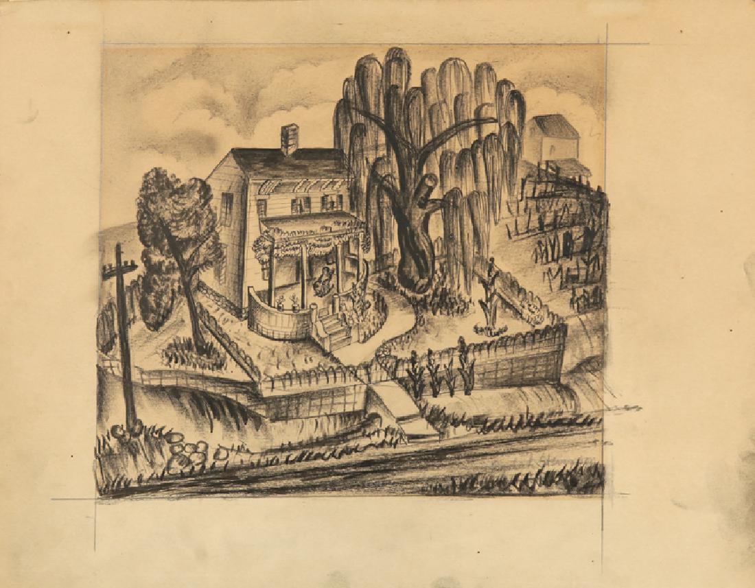 BEULAH ELSIE SLOAN STEVENSON AMERICAN 1890-1965: Under the Willow, charcoal and pencil, image 9 1/4 x 8 in (23.5 x 20.3 cm), page size 11 1/4 x 14 5/8 in (28.6 x 37.3 cm), signed lower right ART NOTATION: The artist studied with John Sloan and Hans