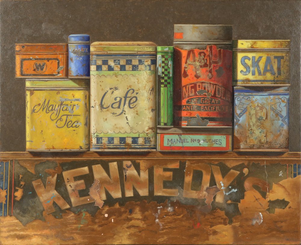 MANUEL HUGHES AFRICAN/AMERICAN B.1938: Kennedy's, oil on masonite, 17 1/2 x 14 1/2 in (44.5 x 36.8 cm) signed middle right