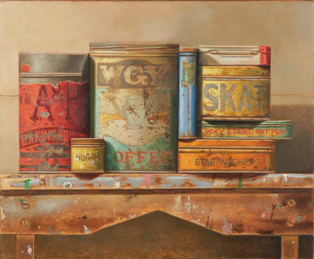 MANUEL HUGHES AFRICAN/AMERICAN B.1938: WGY Coffee, oil on canvas over board, 15 1/2 x 13 1/4 in (39.4 x 29.8 cm), signed middle left
