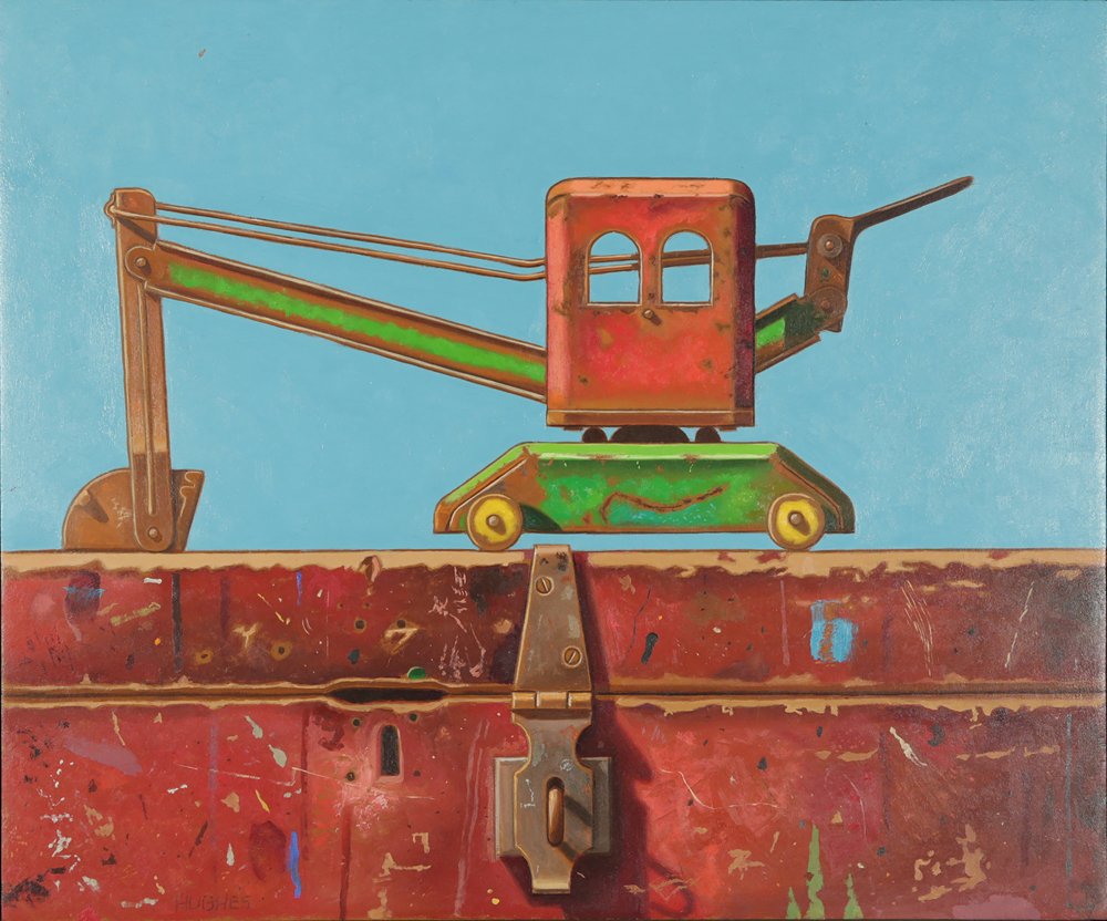 MANUEL HUGHES AFRICAN/AMERICAN B.1938: Bucket Loader Toy Collection, oil on masonite, 16 x 19 1/8 in (40.6x 48.6 cm), signed lower left