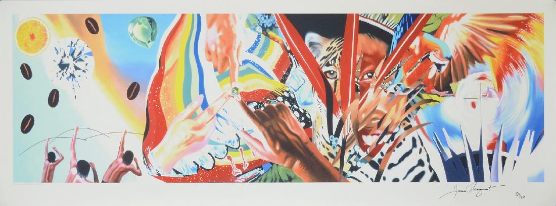 JAMES ROSENQUIST AMERICAN 1933-2017: Brazil dated 2004 ,pigment print on Japanese watercolor paper , 78 x 31 in (198 x 60 cm) , pencil signed lower right , edition 34/150 , Refer to LOT#30. This lithograph is part of 2014 WORLD CUP BRAZI
