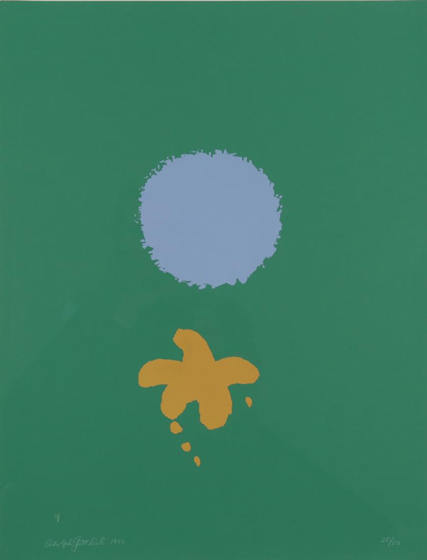 ADOLPH GOTTLIEB AMERICAN 1903-1974: Green Ground, Blue Disc, 1966, screenprint, 30 x 22 in (76.2 x 55.9 cm) , pencil signed lower left, Edition 25/50, PROVENANCE: Hokin Gallery Inc. , Palm Beach, FL to a private collecttor in New York