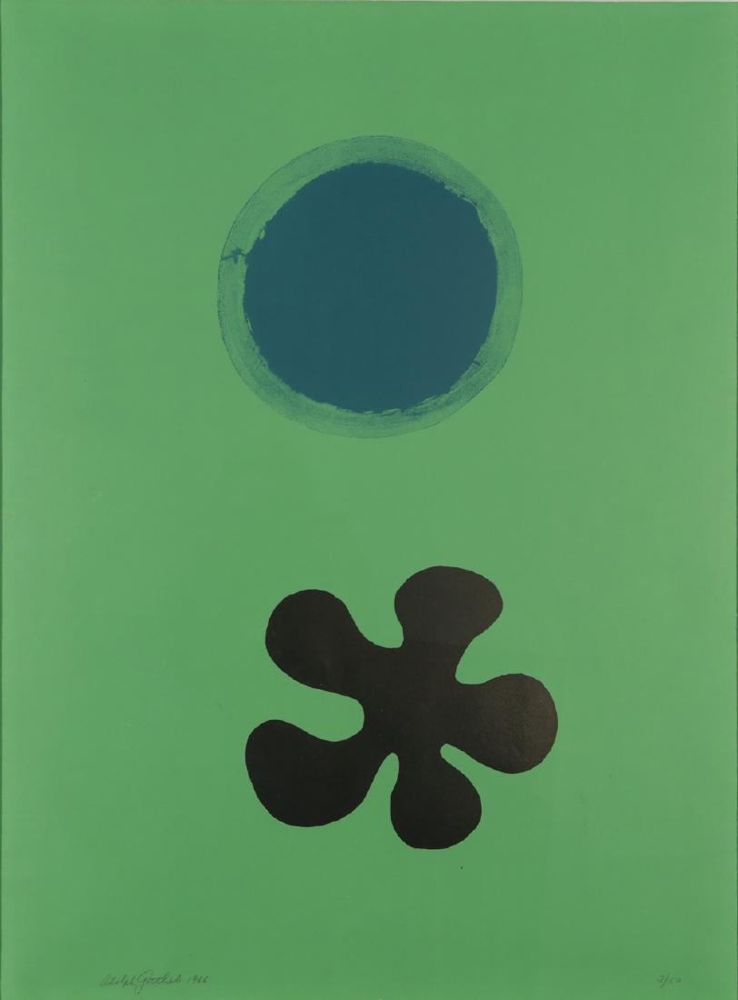 ADOLPH GOTTLIEB AMERICAN 1903-1974: Green Ground - Black Form, 1966, screenprint, 30 x 22 in (76.2 x 55.9 cm) , pencil signed lower left, Edition 2/50, PROVENANCE: Hokin Gallery Inc. , Palm Beach, FL to a private collecttor in New York