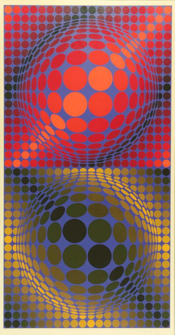 VICTOR VASARELY HUNGARIAN/FRENCH 1906-1997: Untitled, colored lithograph, 20 x 38 in (50.8 x 96.5 cm), pencil signed lower right, Edition 69/225