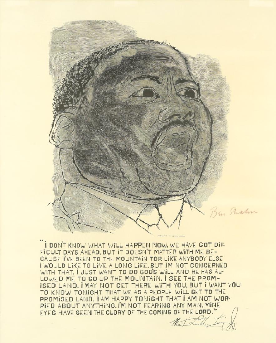 BEN SHAHN AMERICAN 1898-1969: Martin Luther King Jr., 1966, wood engraving, 25 x 15 1/2 in, (63.5 x 39.4 cm), signed Ben Shahn (center right)in conte crayon, plate signed Martin Luther King , Jr lower left
