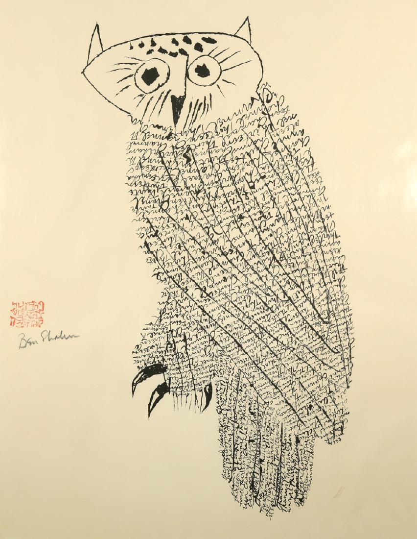 BEN SHAHN AMERICAN 1898-1969: Owl No. 1 (Prescott 83)Lithograph on Arches, 26.5 in. x 20.5 in. (67.3 cm x 52.1 cm stamped signed in crayon left, EDITION: 83/250 PROVENANCE: Appraisal Certificate dated May 1982 attached verso