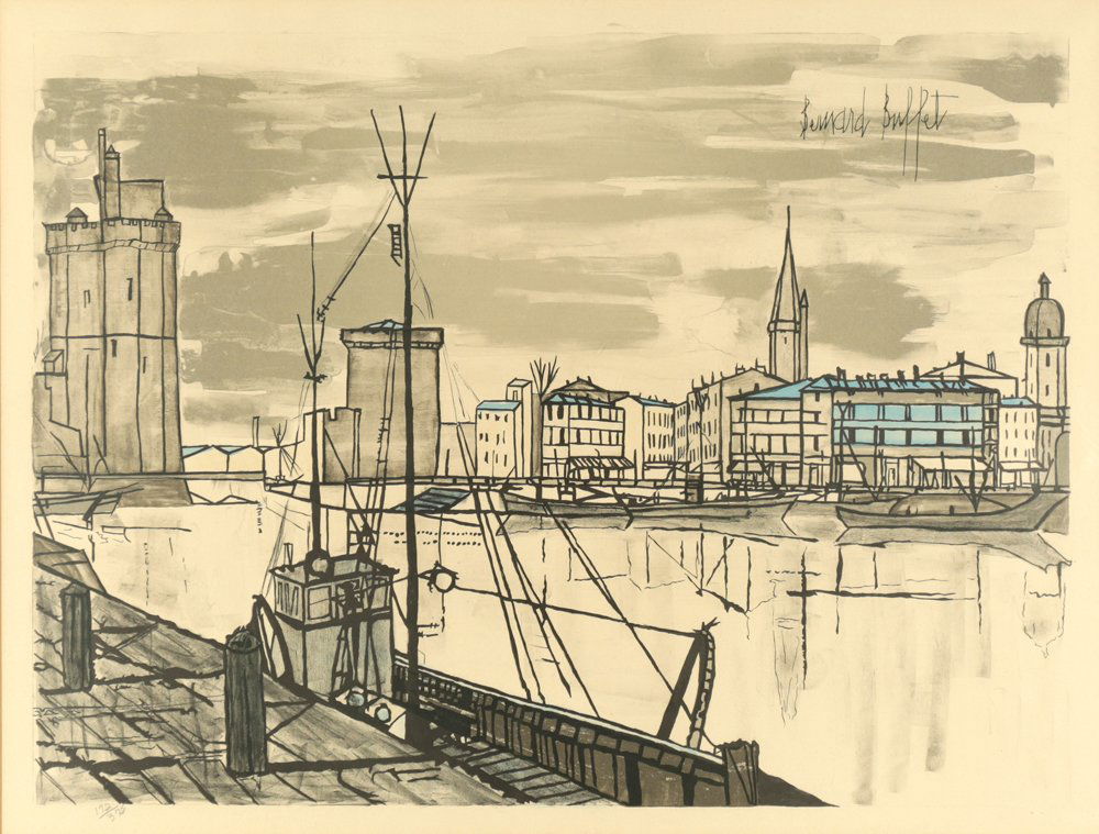 BERNARD BUFFET FRENCH 1928-1999: Le Port de La Rochelle, 1955, lithograph, 16 1/4 x 23 in (41.3 x 58.4 cm), plate signed , pencil signed, Edition 172/375