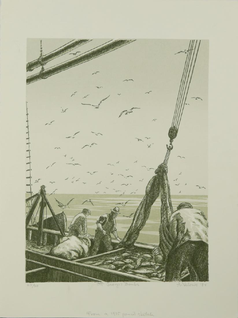 ANTHONY VELONIS AMERICAN 1911-1997: Off George's Banks, lithograph, 16 x 12 in (40.6 x 30.5 cm), pencil signed lower right, date 1984, Edition 24/30, notation lower margin "From a 1935 pencil sketch