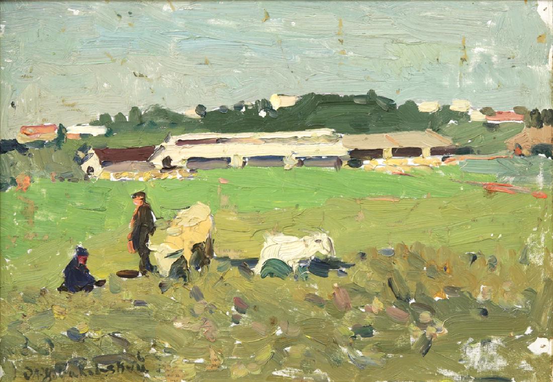 OLEKSA NOWAKIWSKIJ UKRAINIAN 1872-1935: Summer Landscape, oil on board, 10 x 14 in (25.4 x 35.6 cm), signed lower left , PROVENANCE: Exhibition label, Ukrainian Church, Hunter NY to a private collector in Saratoga Springs, NY