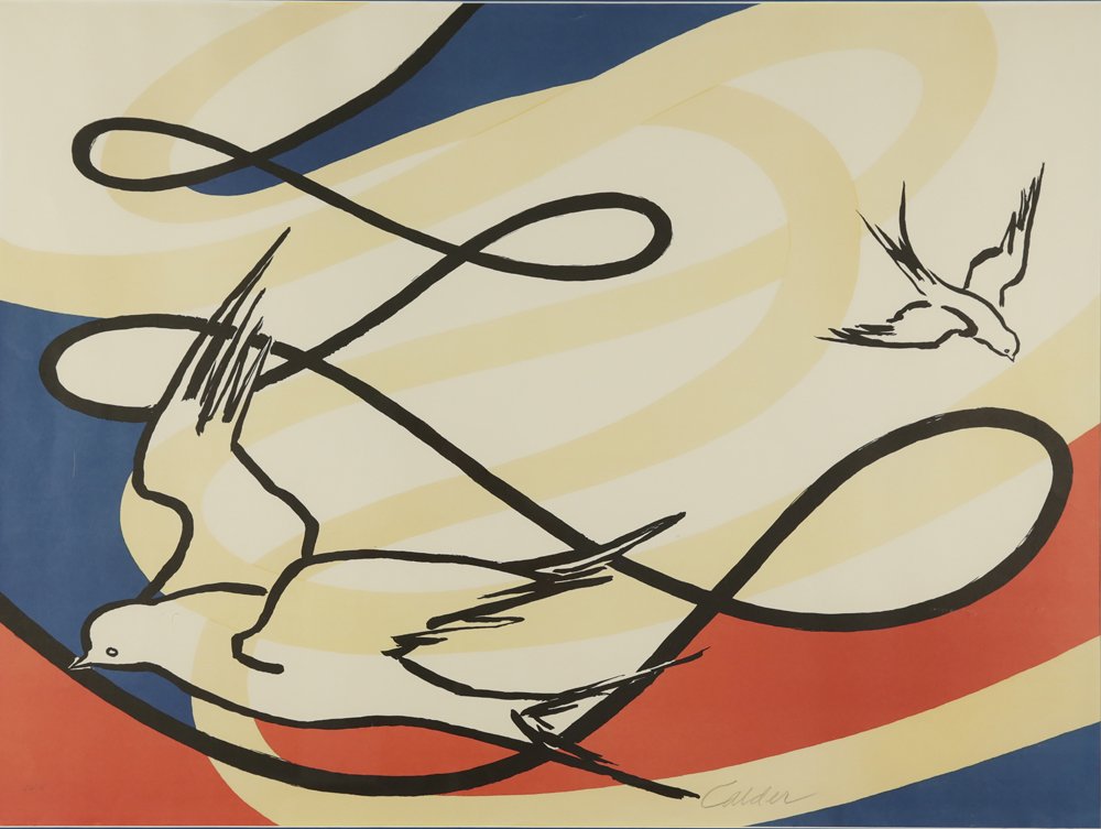 ALEXANDER CALDER AMERICAN 1898-1976: Birds in Flight, 1975, serigraph, 25 .6 x 36.3 in (65 x 92.2 cm), pencil signed lower middle, Edition 87/125, published by Maeght, Paris