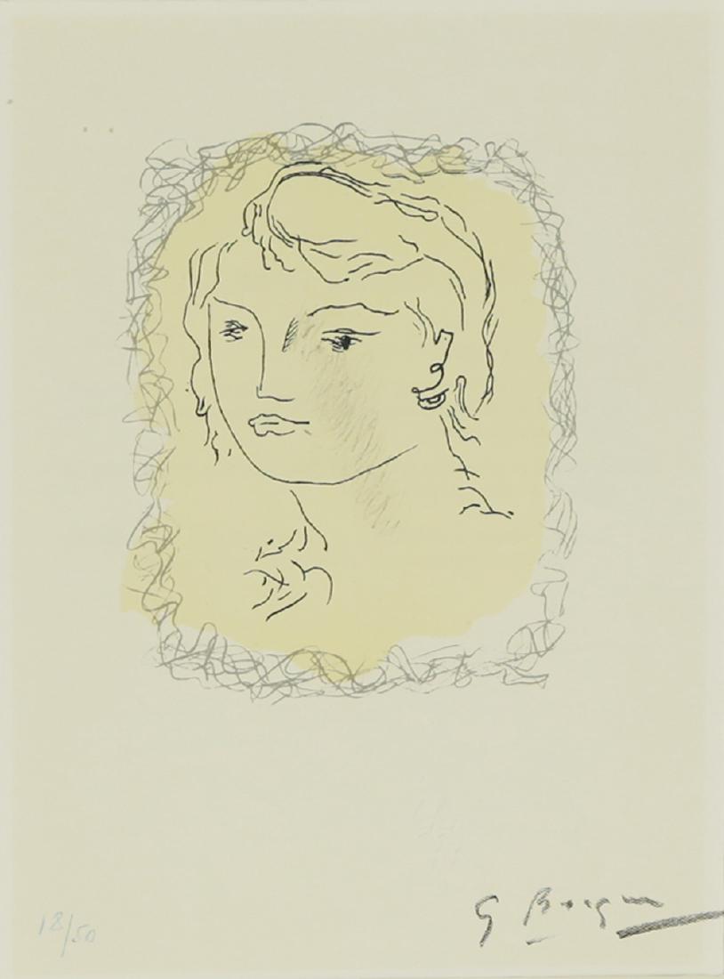 GEORGES BRAQUE FRENCH 1882-1963: Tete de Jeune Fille, lithograph on Auvergne paper, 8 1/2 x 6 in (21.6 x 15.3 cm), signed in pencil, edition 12/50, printed by Mourlot, Paris, A. Maeght editor, 1951