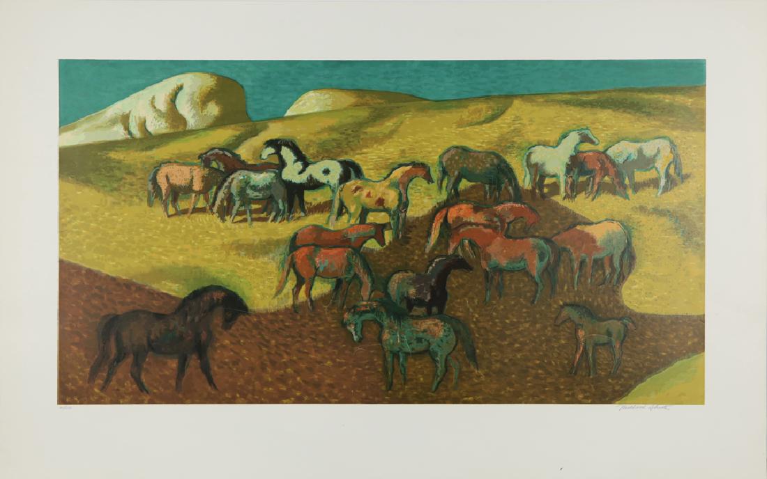 MILLARD OWEN SHEETS AMERICAN 1907-1989: Horses in a Landscape,lithograph, 25 x 40 in (63.5 x 101.6 cm), pencil signed lower left, ED 201/250