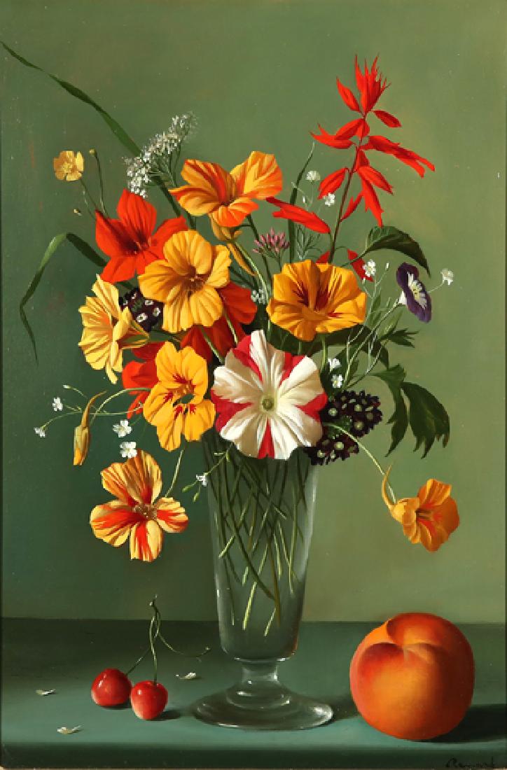 FERNAND RENARD FRENCH B.1912: Still Life with Flowers and Fruit, oil on canvas, 15 x 10 5/8 in (38.1 x 26.8 cm), signature lower right,