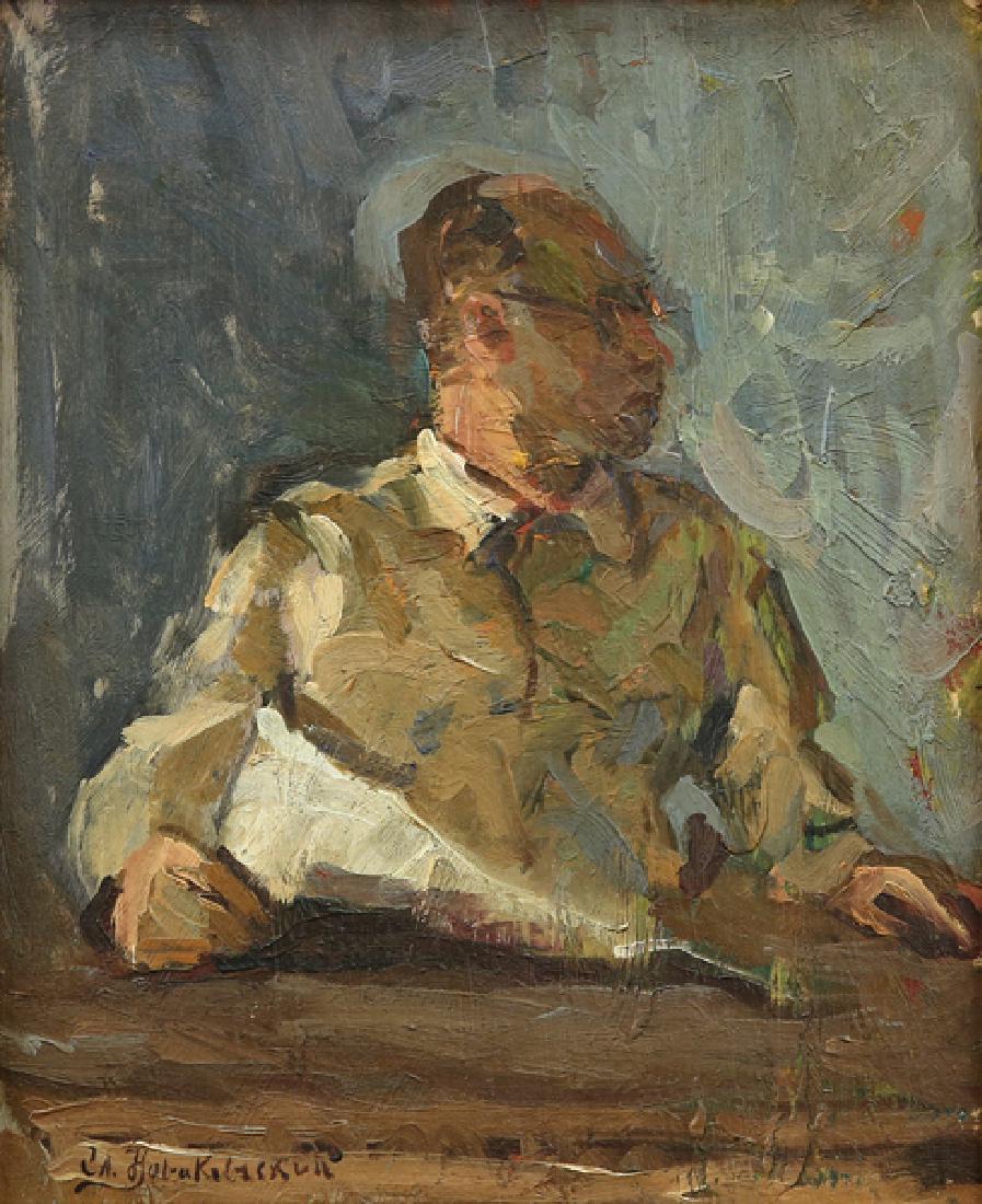 OLESKA NOWAKIWSKIJ (NOVAKIVSKY) UKRAINIAN 1872-193: Man Reading a Newspaper, oil on board, 11 x 9 in (27.9 x 22.9 cm), signed lower left, PROVENANCE: From a private collector in New York