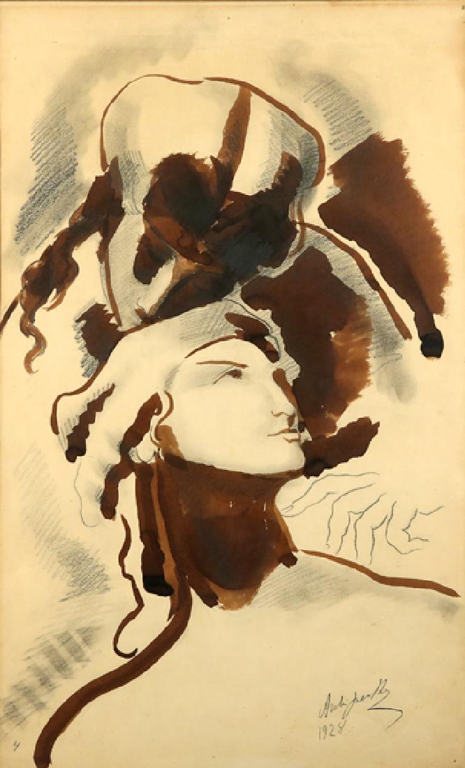 ALEXANDER ARCHIPENKO RUSSIAN 1887-1964: Head of a Woman, watercolor and pencil, 22 3/4 x 13 3/4 in (57.81 x 85.73 cm), signed lower right and dated 1928