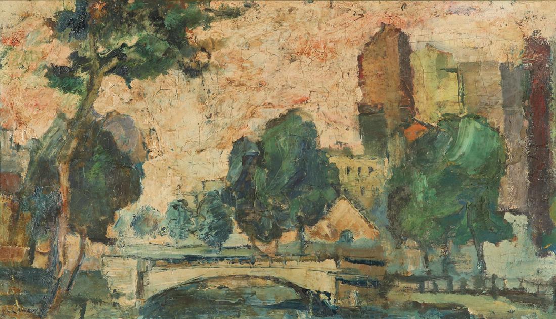 ERNEST LAWSON AMERICAN 1873-1939: New York Central Park Scene, oil on canvas, 16 x 28 in (40.64 x 71.12 cm), signed lower left