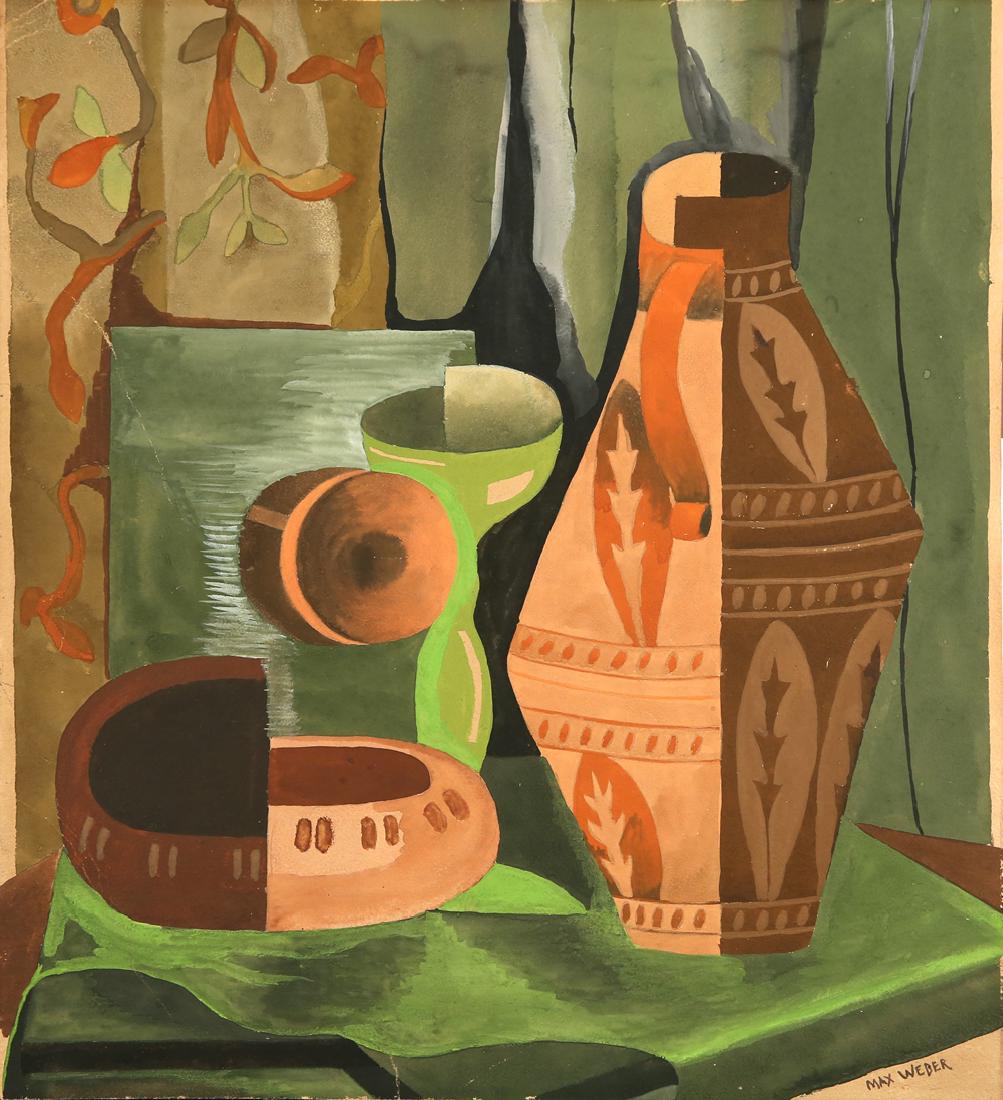 MAX WEBER RUSSIAN/AMERICAN 1881-1961: Still Life with a Vase on a Green Table, gouache on paperboard, 18 x 16 in (45.7 x 40.6 cm), signed lower right