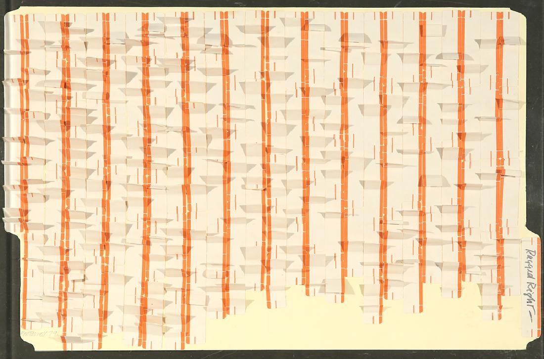 PATRICK FARRELL AMERICAN 20TH CENTURY: Ragged Right, 1979, collage, 12 x 18.5 in (30.48 x 46.99 cm), signature lower right, PROVENANCE: Gallery label Simon/Maier NY and the APC Art Planning Consultants, NY