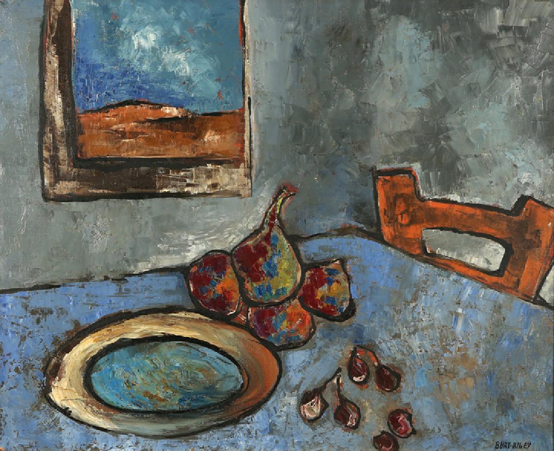 RICHARD BURT-RILEY FRENCH 20TH CENTURY: 2 PIECES IN THIS LOT: (A) Nature Morte Avec Cerises, oil on canvas, 21.25 x 25.5 in (53.975 x 64.77 cm), signature lower right, (B) Nu Et Reflet, oil on canvas, 28.5 x 36 in (72.39 x 91.44 cm), signat