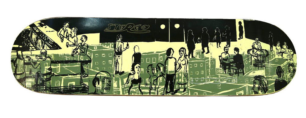 5 PIECES BY CHRIS JOHANSON AMERICAN B.1968: 5 PIECES IN THIS LOT (1) Skate Board, (San Francisco Club Scene), wood and acrylic, 31 1/2 x 8 1/4 in (80 x 21 cm), (1) Untitled, linocut, 3 1/2 x 5 in (8.9 x 12.7 cm) signed lower middle , dated 1990