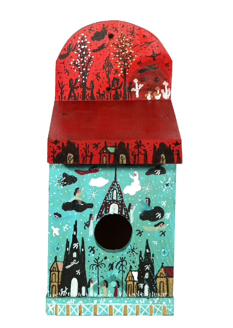 HOWARD FINSTER AMERICAN 1916-2001: Bird House Construction, mixed media of wood, oil and marker, 13 x 6 3/4 x 5 1/4 in (33 x 17.1 x 13.3 cm) PROVENANCE: From a private collection in West Hartford, CT