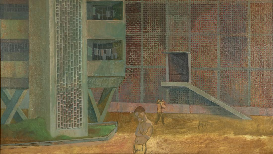 JOE LASKER AMERICAN B.1919: Plaza Piranesi, oil on canvas, 24 x 48 in (61 x 122 cm), signed lower left, titled verso and signed additionally, PROVENANCE: Kraushar Galleries, NY labell verso noting title
