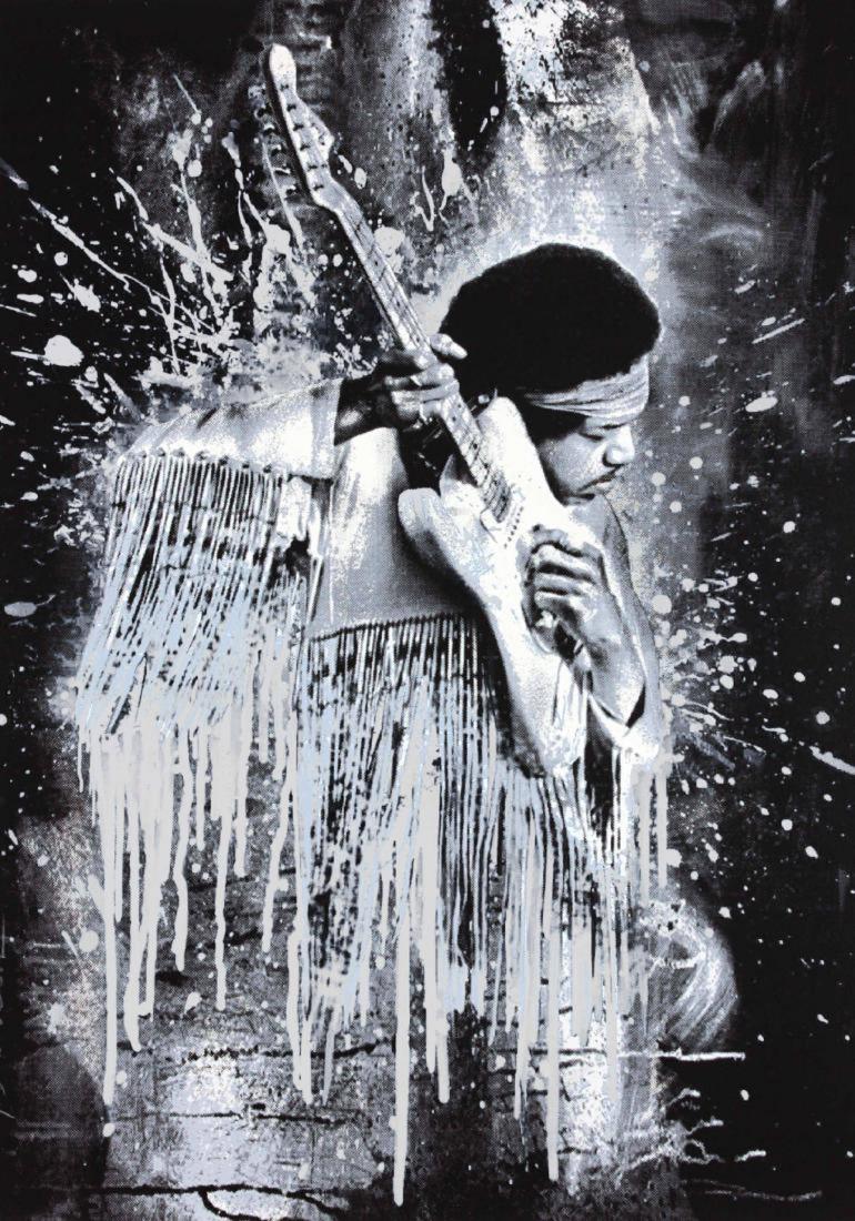 AMERICAN MR. BRAINWASH 20TH CENTURY: Hendrix (White), 2015, color screenprint on hand torn archival paper, 30 x 23 in (76.2 x 58.4 cm), Edition: From an edition of 70 , Hand signed and thumb printed
