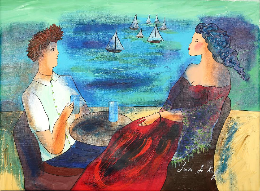 LINDA LE KINIFF FRENCH B.1949: Viewing the Sail Boats, acrylic on canvas, 38 x 28 in (96.5 x 71.1 cm), signature lower right