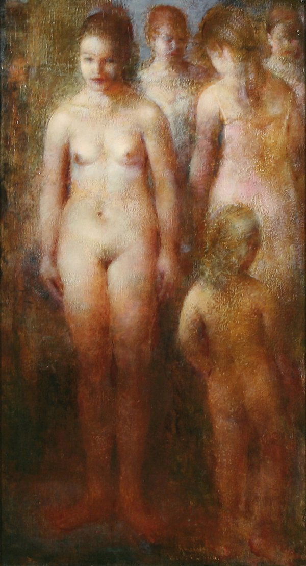 GRIGORY GLUCKMANN B1898 Russian Oil Painting Nude: GRIGORY GLUCKMANN (RUSSIAN-AMERICAN 1898-1973), "Female Nudes", oil on board, 18.75 x 10.5 in (45.7 x 26.7 cm), signed lower middle, labels verso. Dalzell Hatfield Gallery, Los Angeles, Papillion Gall