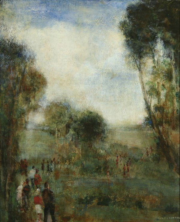 GLUCKMANN B1898 Russian Oil Painting Figures: GRIGORY GLUCKMANN (RUSSIAN-AMERICAN 1898-1973), "Verdant Landscape", oil on panel, 20.625 x 16.375 in (52.4 x 41.6 cm), signed lower right. EXHIBITED: Palm Springs Museum, Palm Springs, CA, Nov 3-Dec3