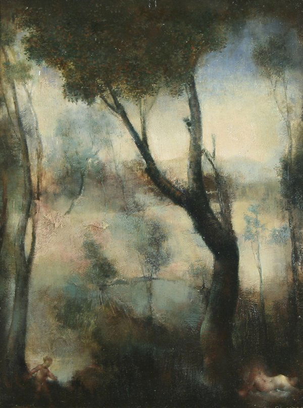 GLUCKMANN Russian Oil Painting Sleeping Nude: GRIGORY GLUCKMANN (RUSSIAN-AMERICAN 1898-1973), "Landscape with Nudes", oil on panel, 13.625 x 10.375 in (34.6 x 26.4 cm), signed lower right, signed and titled verso, numbered #22. EXHIBITED: Dalzell