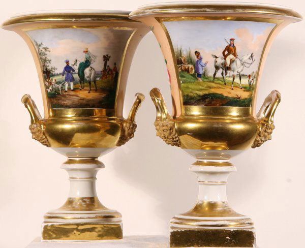 RUSSIAN Antique Early 19th C Porcelain Vase Pair: RUSSIAN EARLY 19TH CENTURY, Pair of Two-Handled Porcelain Vases, Private Russian Porcelain Factory. Each is campana shaped, with a circular foot on a square gilt plinth, with a pair of gilt bracket ha