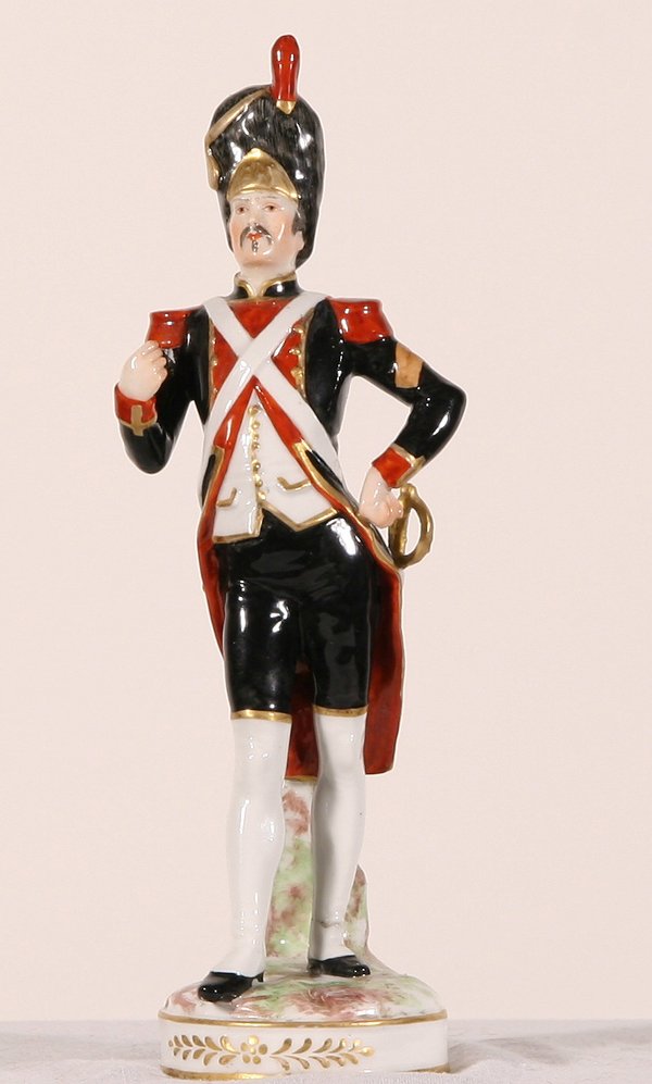 RUSSIAN Antique 19th C Porcelain Figure Soldier: RUSSIAN 19TH CENTURY, "A Soldier," painted porcelain, 8 1/2 in. (21.6 cm), factory mark on base. ---------- Please note: 1) Ebay starting and ending times for this auction DO NOT represent the actual