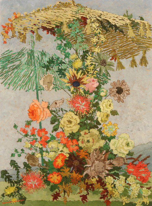 SUZANNE EISENDIECK B1908 Oil Painting Parasols: SUZANNE EISENDIECK (GERMAN 1908-1998), "Les Parasols de Luceram," oil on canvas, 31.75 x 23.75 in. (80.6 x 60.3 cm), signed lower left. PROVENANCE: Paris American Art Gallery, Paris. Suzanne Eisendiec