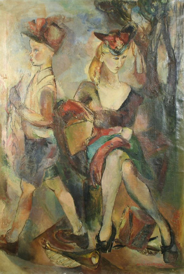 A. C. PHILLIPS AMERICAN B1911 Out for Walk Oil Pai: ANN COLE PHILLIPS (AMERICAN B1911), "Out for a Walk", oil on canvas, 44 x 30 in (111.8 x 76.2 cm), signed lower right. Ann Cole Phillips studied with people such as Stuart Davis, Jacques Villon and Jo