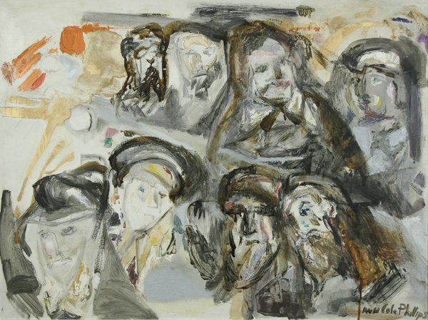 A. C. PHILLIPS AMERICAN B1911 2 Oil Paintings: ANN COLE PHILLIPS (AMERICAN B1911), 2 Pieces, a) "Faces in the Crowd", oil on canvas, 24 x 32 in (61 x 81.3 cm), signed lower right. b) "Portrait of Robert Anderson", oil on board, 20 x 16 in (50.8 x